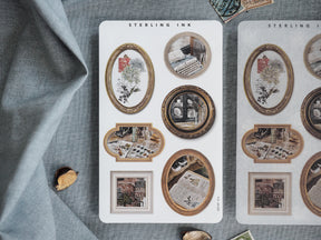 Vintage picture frame stickers featuring sepia-toned architectural scenes, floral vignettes, and nostalgic collage elements for October journaling.