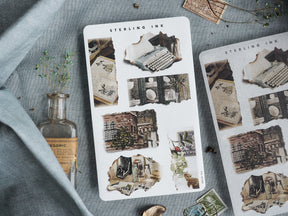 Vintage torn paper stickers featuring sepia-toned autumn themes, aged scrapbook scraps, distressed architectural details, and fall-inspired nostalgic elements.