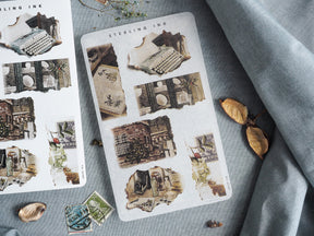 Decorative set of torn paper stickers featuring rich, sepia-toned collages, vintage postcards, and autumnal themed ephemera.