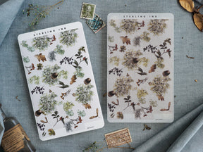 Sticker sheets featuring a beautiful autumnal arrangement of muted, delicate floral prints, varied foliage, and scattered acorns, perfect for October crafting.