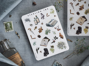 Mini Elements Icon Stickers set featuring a variety of autumnal, botanical designs like dried leaves, pressed flowers, small typewriter elements, and vintage natural objects.
