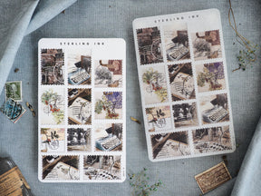 Two sheets of vintage "Sterling Ink" stamp stickers featuring grid layouts of sepia-toned antique industrial, architectural, and city scenes for October 2023 scrapbooking.