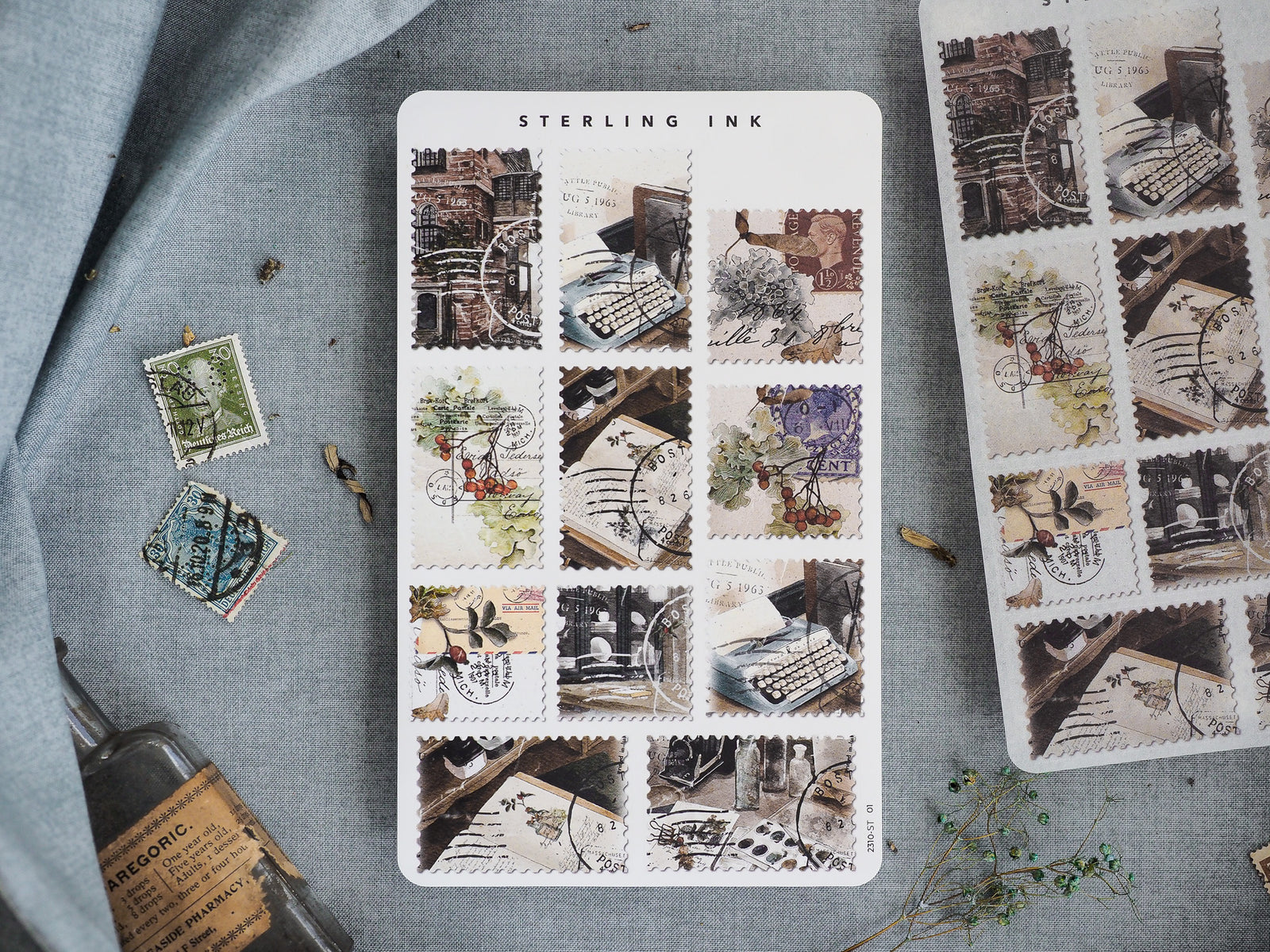 Vintage, sepia-toned sticker sheet featuring dozens of antique postage stamp designs depicting detailed, aged architectural scenes and historic city streetscapes.
