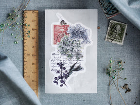 Autumn-themed die-cut stickers featuring muted floral designs, vintage postage stamps, and clusters of dark berries and foliage for journaling and scrapbooking.