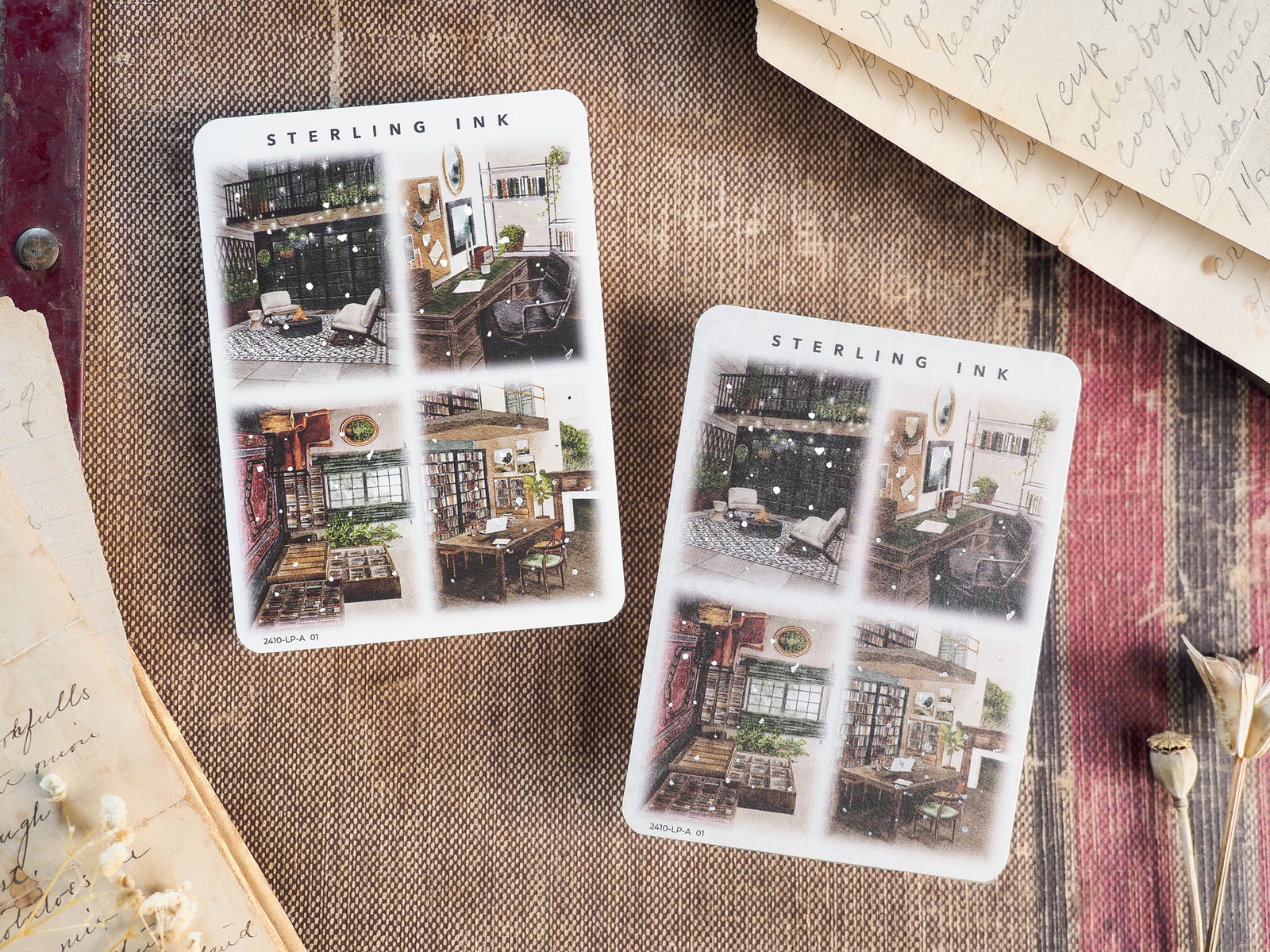 Two large illustration stickers featuring a grid of vintage, black and white architectural scenes, perfect for journaling and scrapbooking.