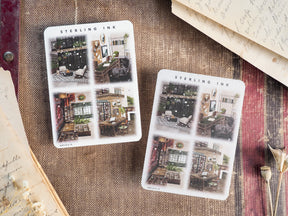 Two large illustration stickers featuring a grid of vintage, black and white architectural scenes, perfect for journaling and scrapbooking.