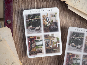 Vintage-themed sticker sheet featuring detailed, sepia-toned illustrations of cozy architectural vignettes, combining rustic interiors and charming outdoor scenes.