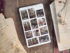 Collection of 12 rustic stickers depicting detailed, seasonal streetscapes and old-world architecture for fall journaling.