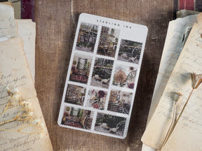 A grid sticker sheet featuring sepia-toned vintage architectural scenes and detailed street photography from October 2024.