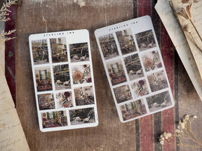 October 2024 fall themed stamps by Sterling Ink, featuring grids of rustic, vintage vignettes capturing cozy autumn decor, pumpkins, and seasonal scenes.