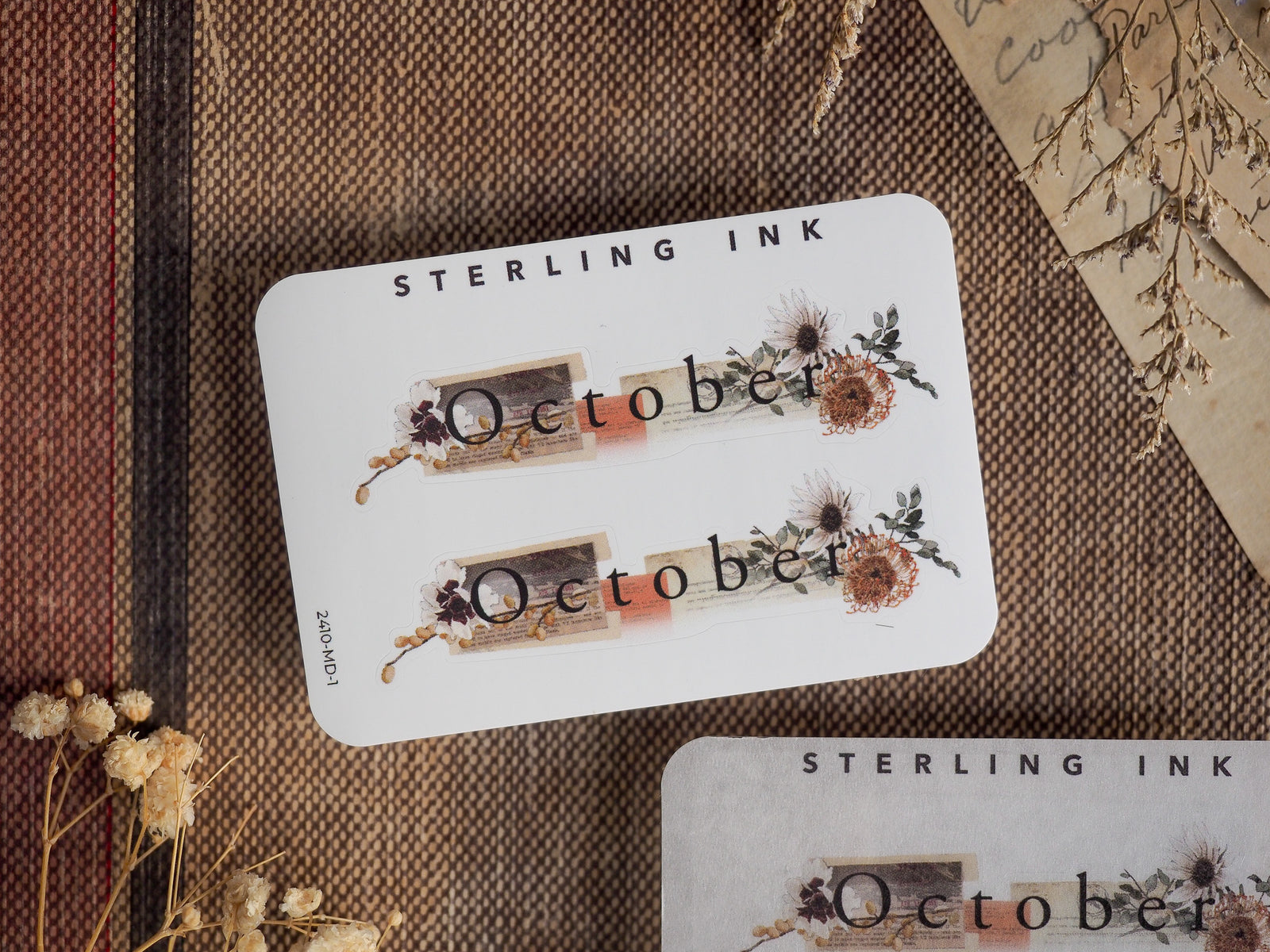 Rustic October sticker labels featuring dried autumn foliage, delicate brown floral sprigs, and seasonal text for crafting or journaling.