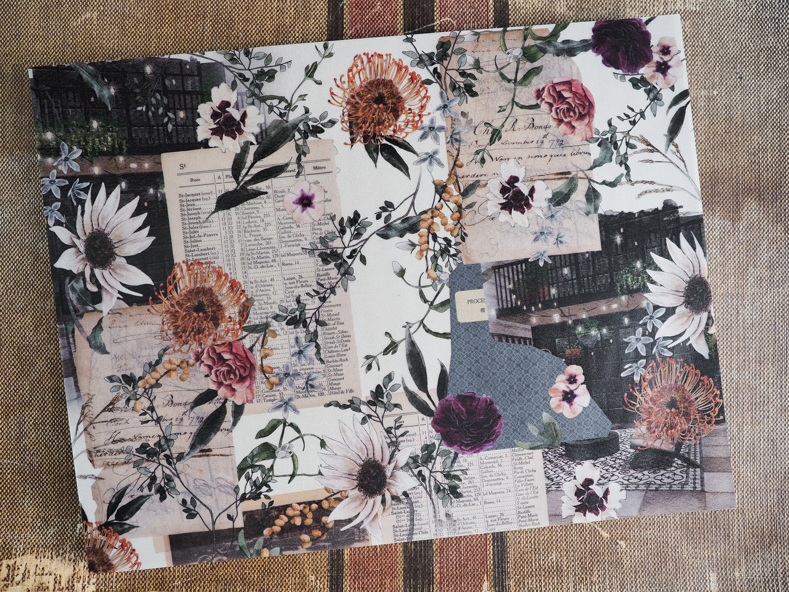 Vintage October 2024 decorative planner sheet featuring a rustic botanical wreath of sunflowers, deep florals, and antique text elements.