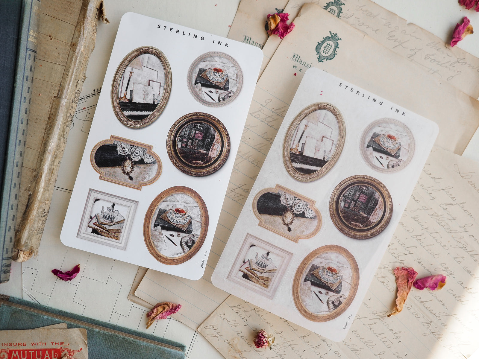 Decorative vintage picture frame sticker set featuring distressed sepia-toned borders and nostalgic designs of travel and architecture.