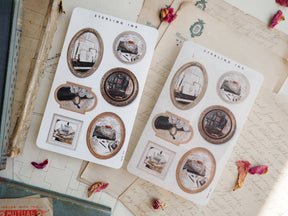 Decorative vintage picture frame sticker set featuring distressed sepia-toned borders and nostalgic designs of travel and architecture.