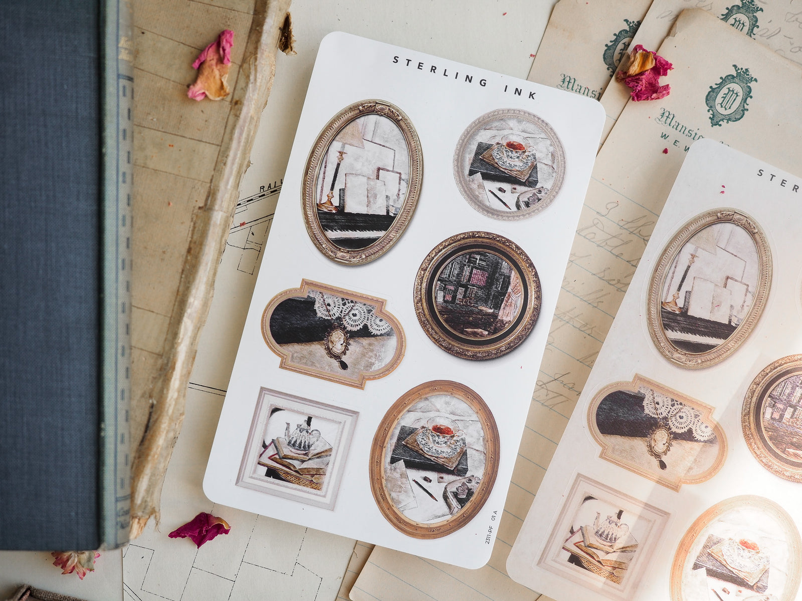 Collection of vintage sepia picture frame stickers, perfect for journaling, featuring various oval and rectangular frames showcasing cozy architectural scenes.