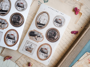 Nostalgic 'Picture Frame Stickers' featuring sepia-toned vignettes and vintage photographs set within ornate, antique-style picture frames.