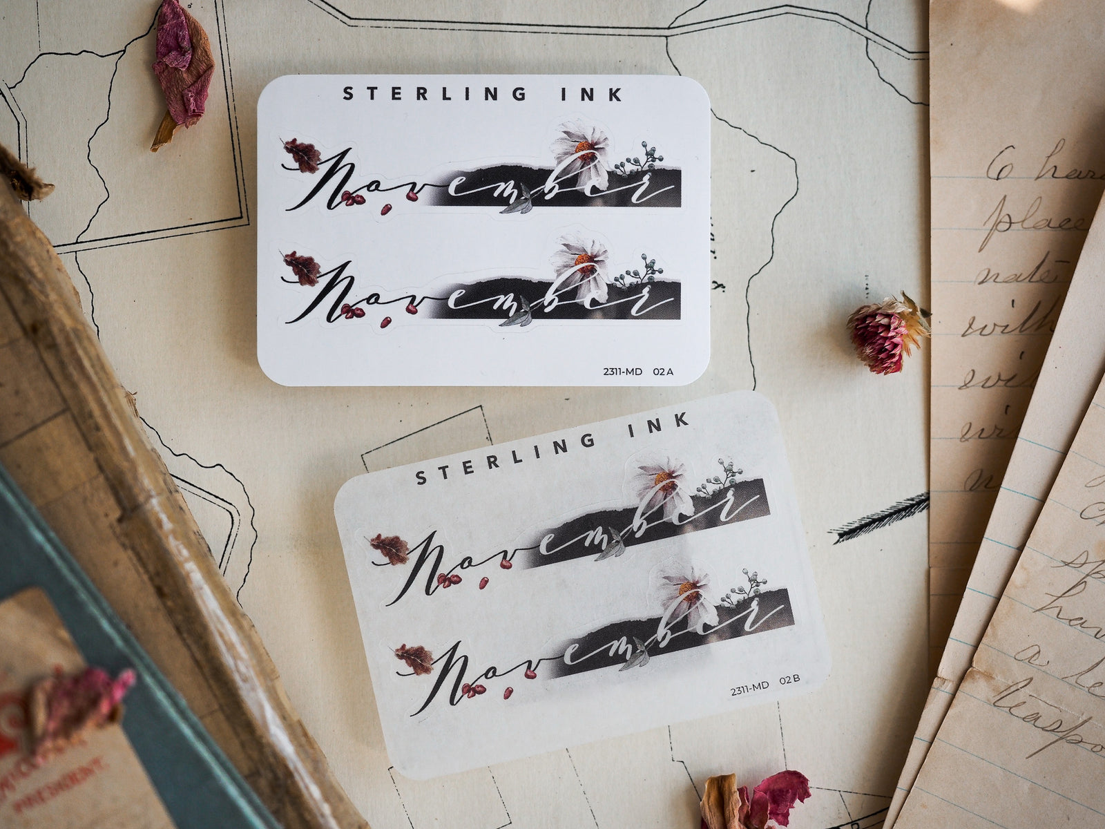 Elegant November month sticker featuring dark script lettering and delicate autumnal botanical accents of berries and foliage.