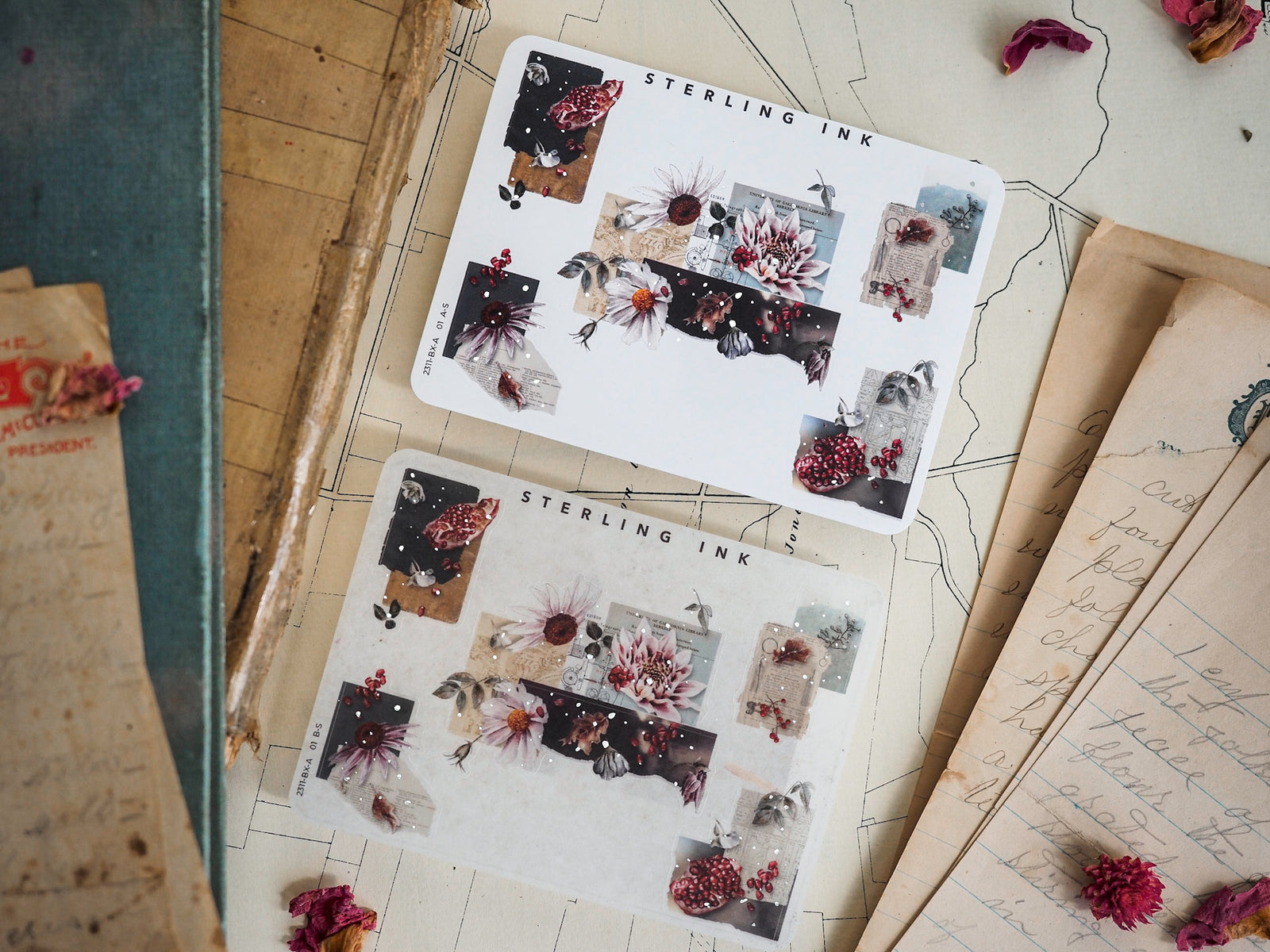 Botanical corner stickers showcasing dried florals and delicate natural arrangements in muted shades of red, cream, and deep leaf tones.