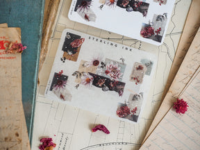 Elegant sticker sheet featuring clustered dried flowers, burgundy blooms, and natural paper accents, perfect for adding a vintage, autumnal touch to journals or scrapbooks.