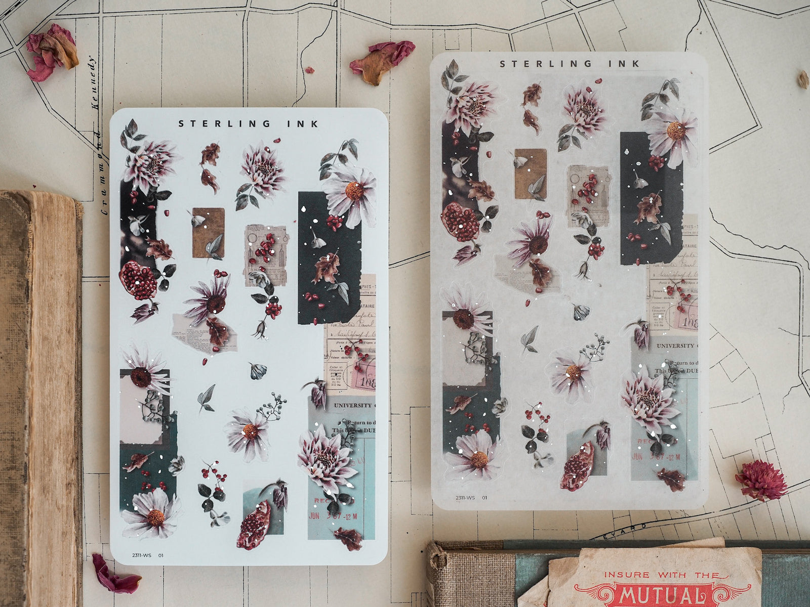 Seasonal botanical washi sticker sheets featuring autumnal clusters of dried flowers, deep burgundy berries, and rustic vintage text elements.