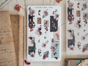 Botanical washi strip stickers for November 2023, featuring rich, detailed illustrations of muted autumn blooms, deep burgundy berries, and rustic floral motifs.