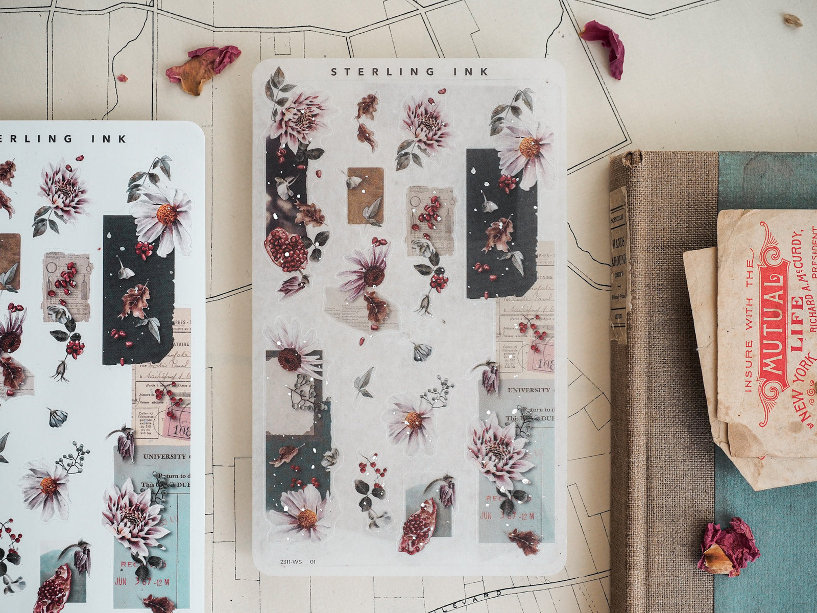 Elegant sticker sheet featuring a rich blend of botanical clusters, including muted cream, blush pink, and deep burgundy flowers designed for fall and November decorating.