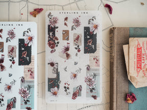 Elegant sticker sheet featuring a rich blend of botanical clusters, including muted cream, blush pink, and deep burgundy flowers designed for fall and November decorating.