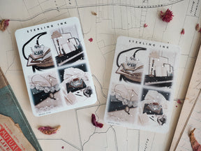 Decorative large sticker sheets with vintage sterling ink illustrations and scattered silver foil accents, depicting coffee, lamps, and jewelry.