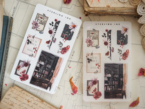 Elegant sticker set featuring November botanical arrangements, delicate dried florals, and a vintage-style illustration of a dark library bookshelf.