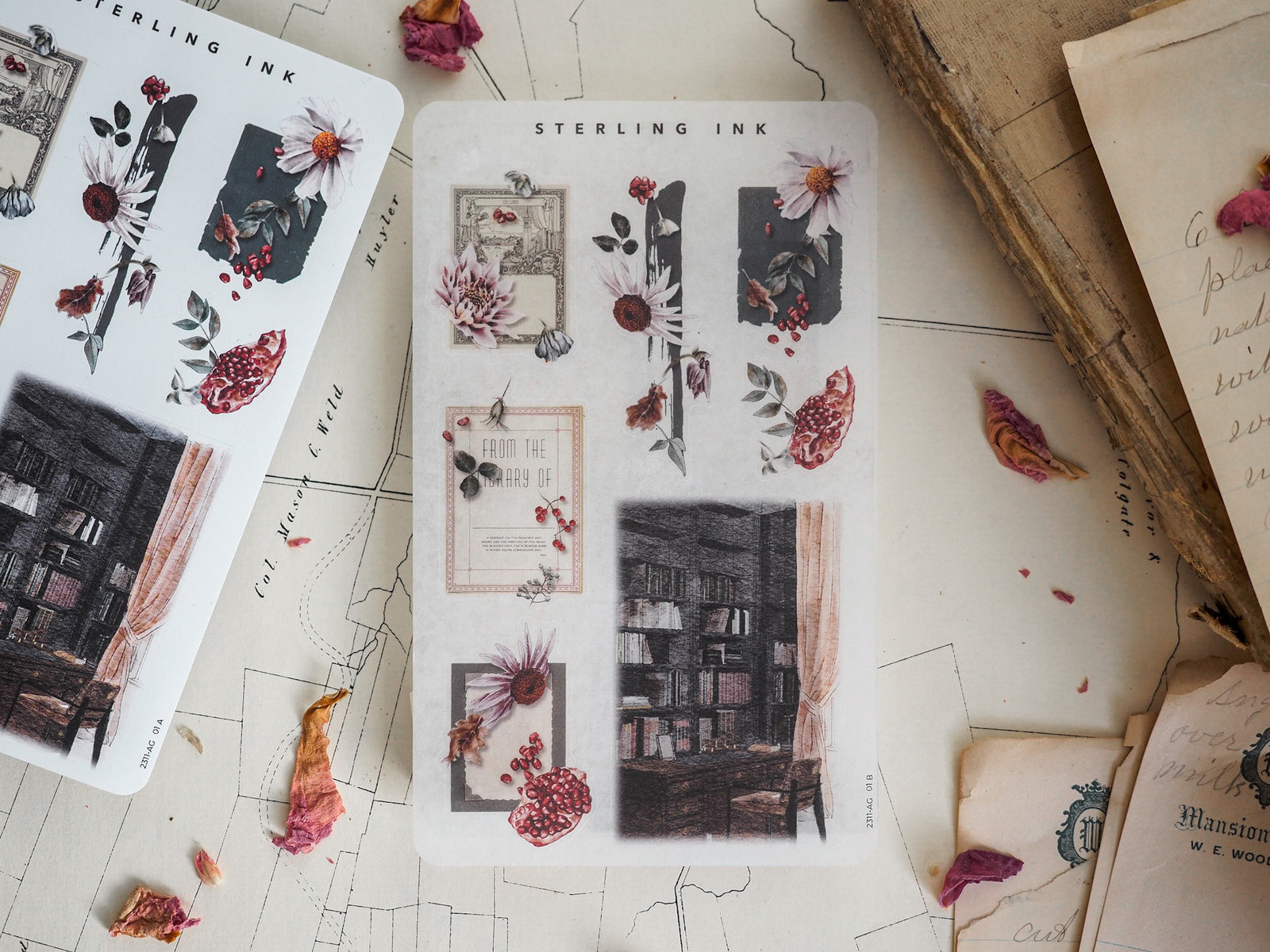 Vintage botanical sticker set featuring pressed florals, decorative frames, and detailed library shelf scenes for seasonal journal arrangements.