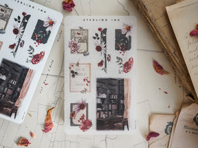 Vintage botanical sticker set featuring pressed florals, decorative frames, and detailed library shelf scenes for seasonal journal arrangements.