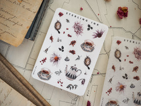 Miniature sticker sheet featuring autumnal botanical elements, including illustrations of pumpkins, fall flowers, berries, and rustic seasonal icons for crafting.