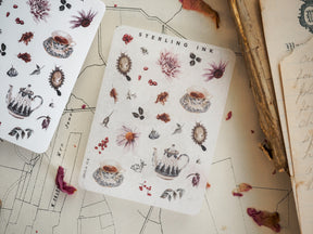 Mini icon stickers featuring decorative teapots, autumnal florals, and berries, perfect for journaling and scrapbooking November memories.