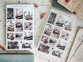 Charming November 2023 craft stamps featuring sepia-toned vintage vignettes of stacked books, delicate dried florals, and rustic architectural details.