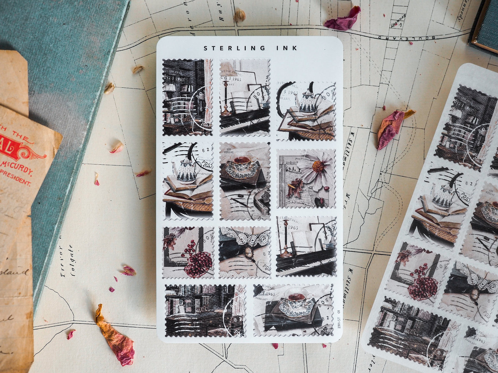 Decorative sticker sheet, "Stamps Stickers - November 2023," featuring black and white antique illustrations, vintage sketches, and simulated rustic postage stamp designs.