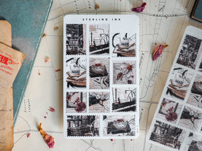 Decorative sticker sheet, "Stamps Stickers - November 2023," featuring black and white antique illustrations, vintage sketches, and simulated rustic postage stamp designs.