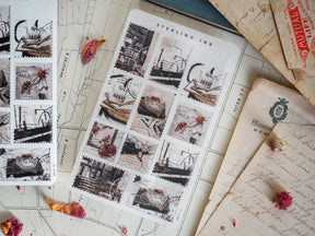 Vintage "Stamps Stickers" sheet featuring a collage of sepia-toned, historical black-and-white illustrations of miniature scenes, perfect for journaling and scrapbooking.