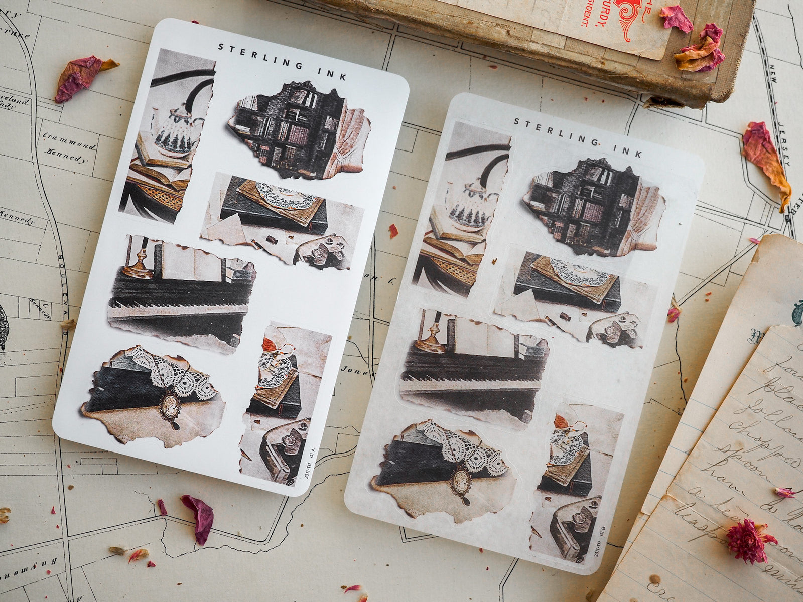 Sheets of torn paper stickers featuring distressed, sepia-toned collage designs that mimic vintage book scraps, tickets, and antique paper elements.