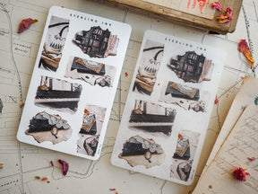 Sheets of torn paper stickers featuring distressed, sepia-toned collage designs that mimic vintage book scraps, tickets, and antique paper elements.