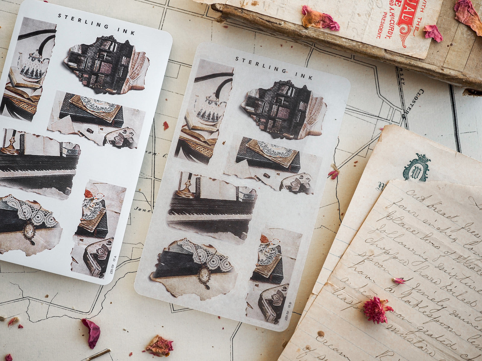 Vintage collage stickers featuring distressed, sepia-toned paper ephemera and clippings, perfect for scrapbooking or journaling craft projects.