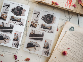 Vintage collage stickers featuring distressed, sepia-toned paper ephemera and clippings, perfect for scrapbooking or journaling craft projects.