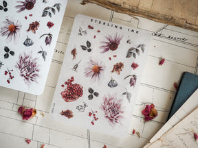 Botanical sticker elements featuring watercolor illustrations of pink peonies, berries, and rich autumnal foliage, perfect for journaling or planning.