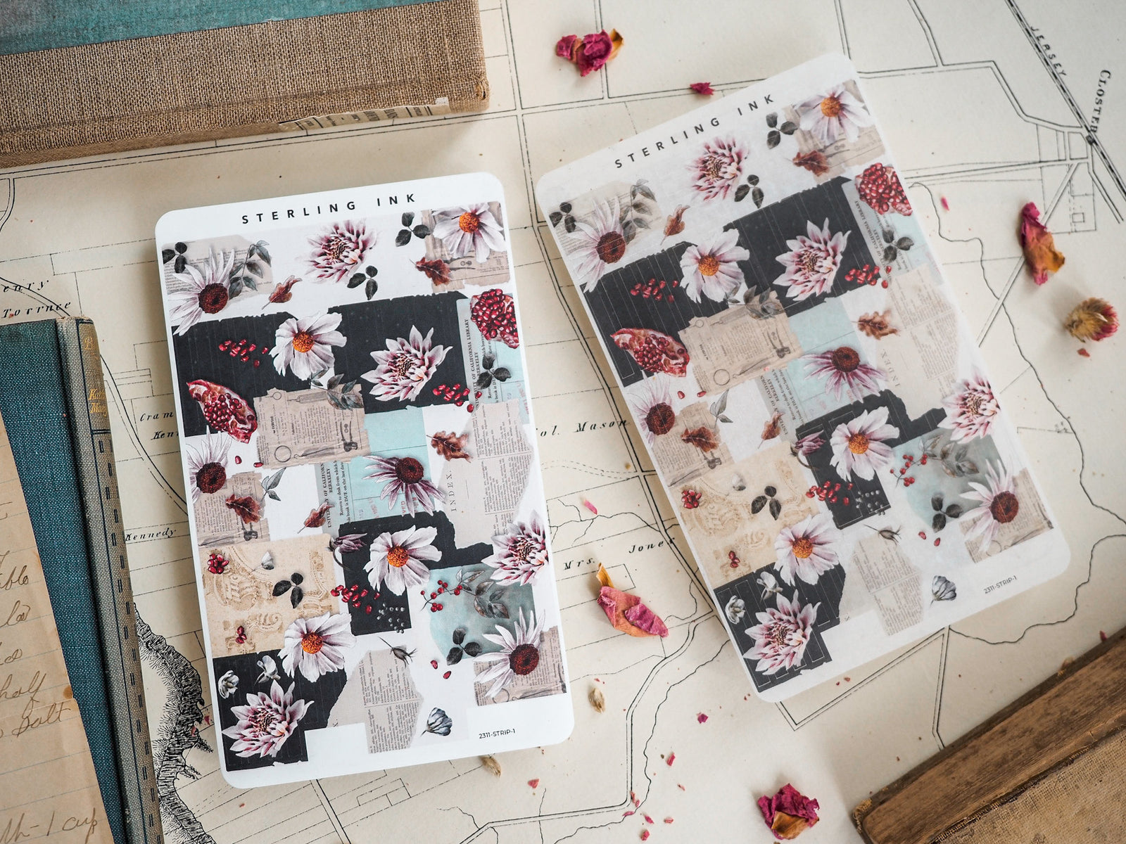 Vintage ephemera sticker strips featuring a black and white collage of floral motifs, delicate daisies, and printed text snippets.
