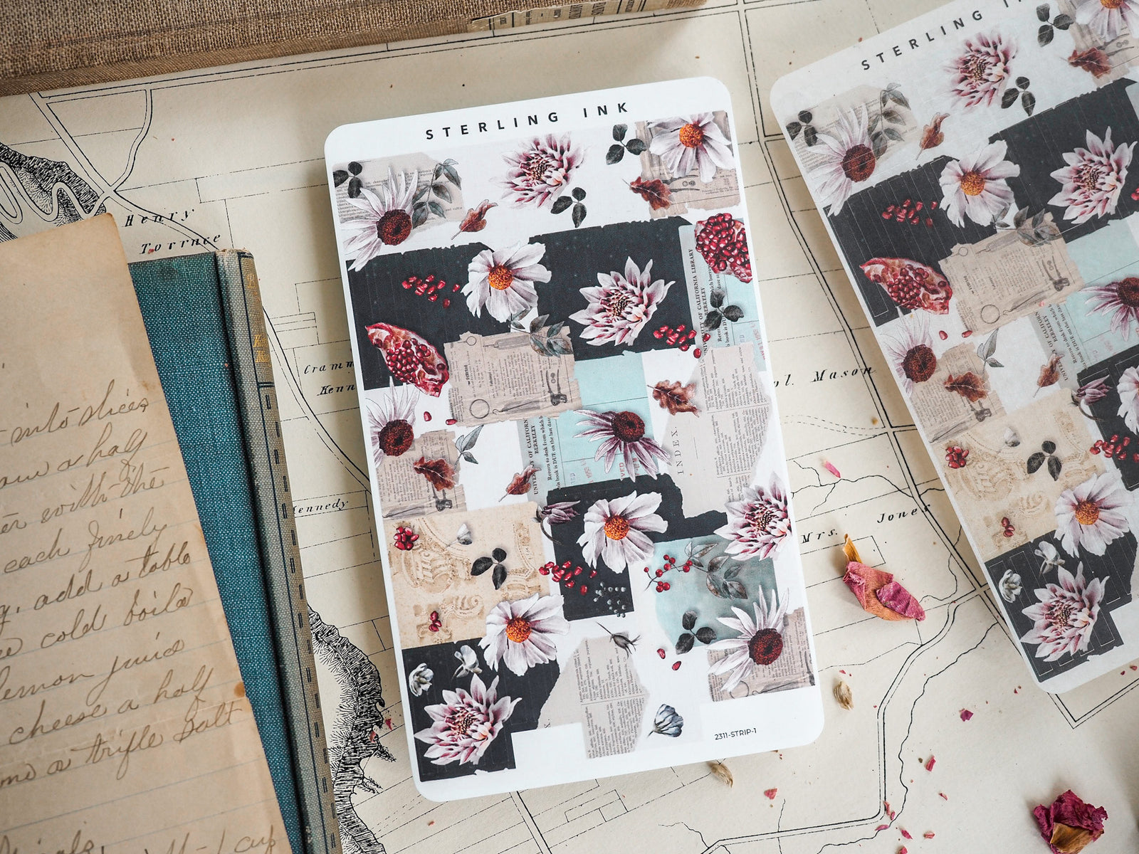 Thin strip stickers for November 2023 featuring a romantic, vintage collage pattern of white and pink daisies, botanical berries, and layered scrapbooking text.