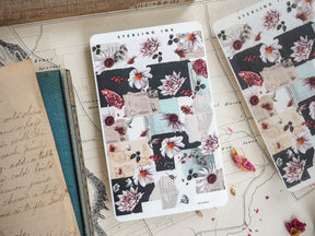 Thin strip stickers for November 2023 featuring a romantic, vintage collage pattern of white and pink daisies, botanical berries, and layered scrapbooking text.