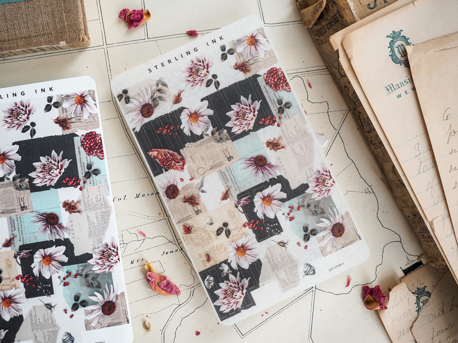 November 2023 sticker strips featuring a vintage collage design of sepia-toned newspaper clippings and delicate floral accents.
