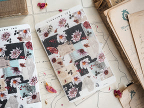 November 2023 sticker strips featuring a vintage collage design of sepia-toned newspaper clippings and delicate floral accents.