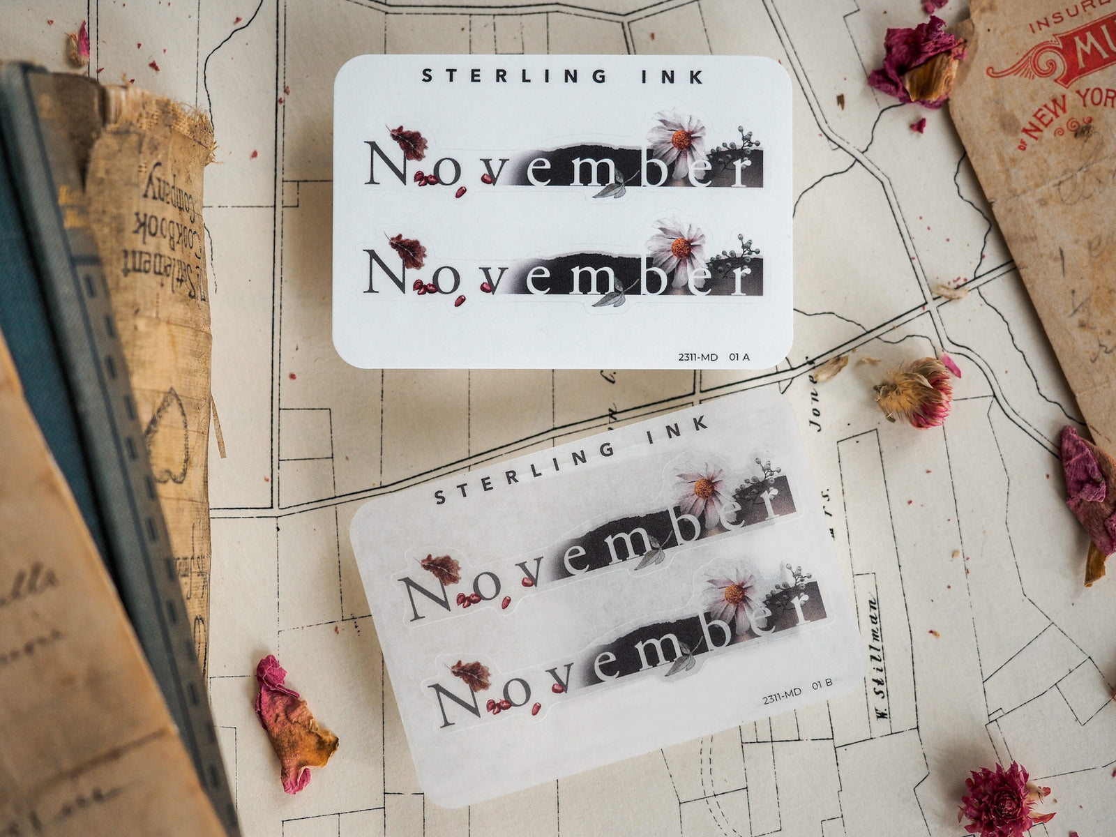 A printable November sticker set featuring the month name elegantly surrounded by detailed illustrations of dried floral sprigs and delicate red berries.