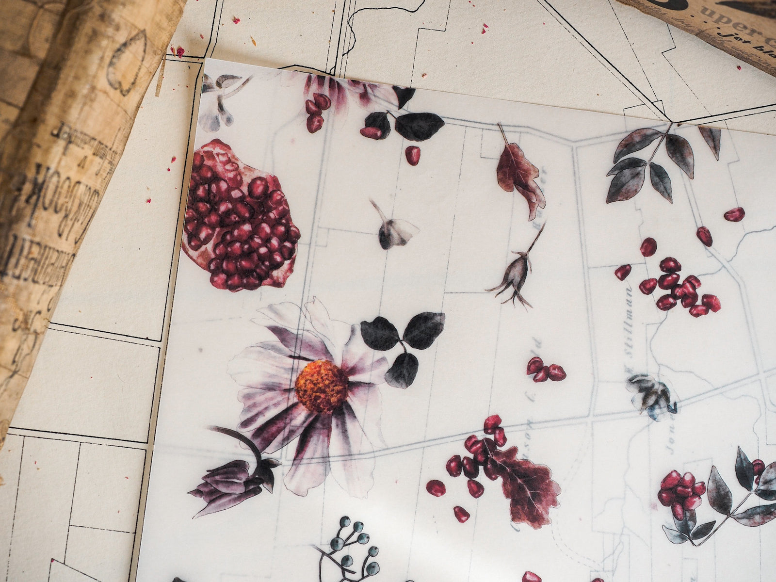 Seasonal sticker sheet featuring watercolor botanical illustrations of clusters of deep red berries, dark purple blooms, and elegant autumn leaves.