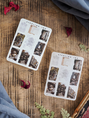 Mini sticker sheets featuring distressed, sepia-toned archival elements and detailed architectural icons, perfect for adding vintage depth to crafts and journaling.